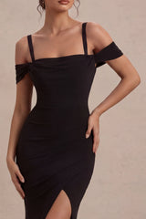 Cold Shoulder Black Ruched Mermaid Maxi Formal Dress