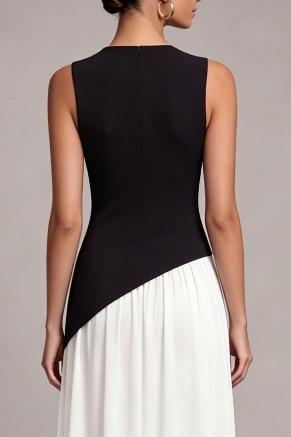 A Line Pleated ColorBlock Black and White Maxi Formal Dress with Slit