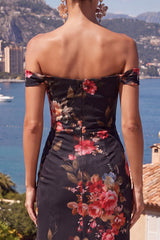 Off the Shoulder Black Floral Mermaid Wedding Guest Dress With Slit