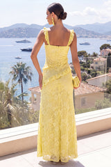 Yellow Square Neck Ruffled Mermaid Wedding Guest Dress With Slit