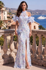 Blue Purple Halter Floral Mermaid Ruffled Wedding Guest Dress