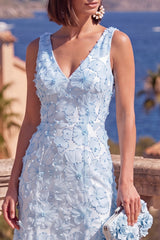 V-Neck Blue A Line Appliqued Wedding Guest Dress