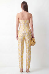 Strapless Yellow Floral 2 Piece Slim Fit Women Suits