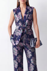 Shawl Lapel 2 Piece Navy Floral Sleeveless Women's Suits with Belt