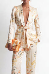 Shawl Lapel 2 Piece Champagne Floral Women's Suits with Belt
