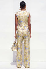 V Neck Brocade Yellow Floral 2 Piece Women Suits