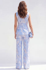 Blue Floral Shawl Lapel 2 Piece Sleeveless Women's Suits