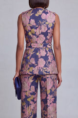 Navy Pink V-Neck Floral 2-Piece Women Suits