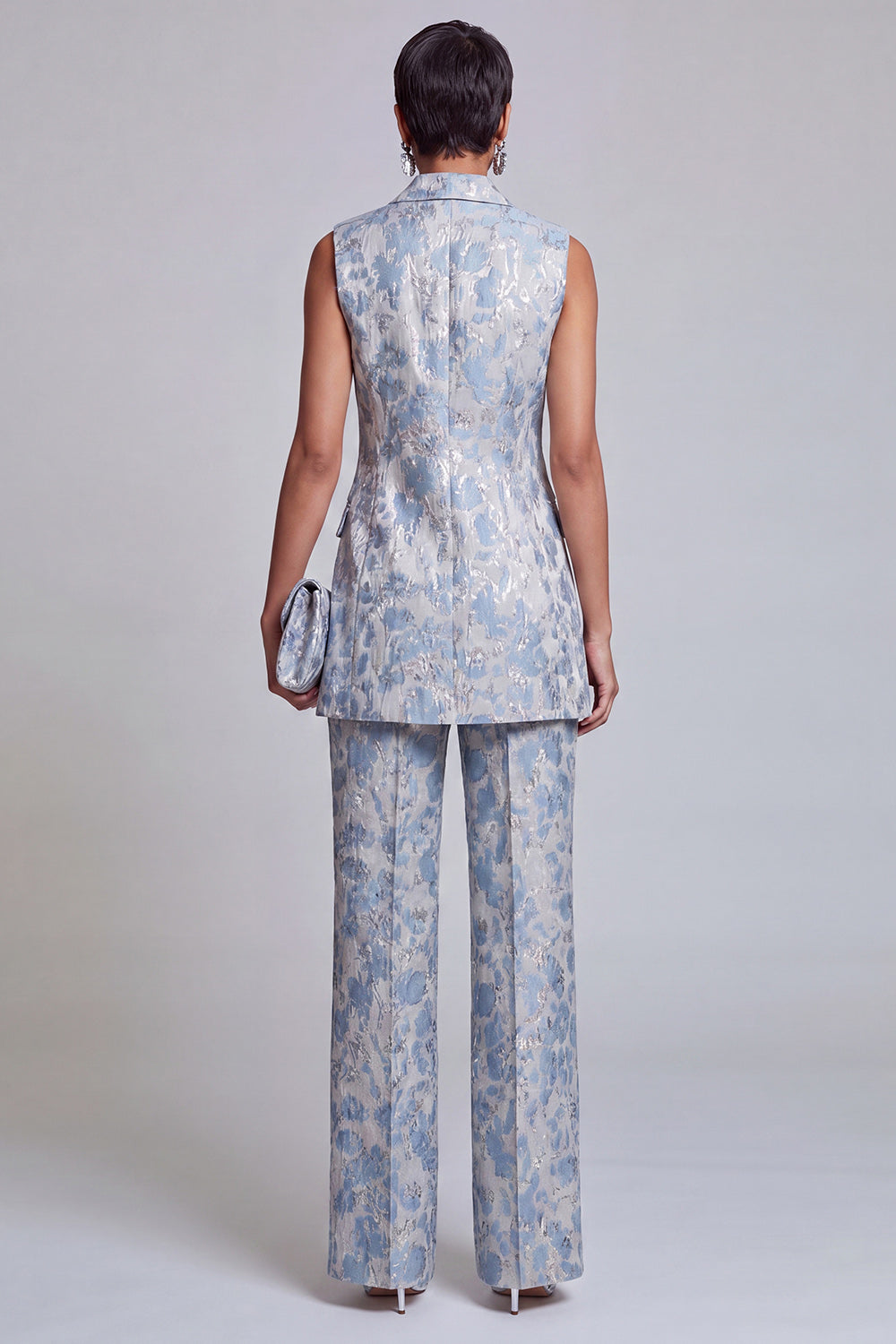 Dusty Blue Jacquard Peak Lapel 2-Piece Women Suits