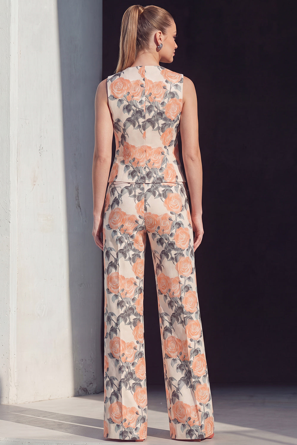 Navy V-Neck Jacquard 2-Piece Women's Suits
