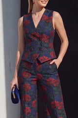 Navy V-Neck Jacquard 2-Piece Women's Suits