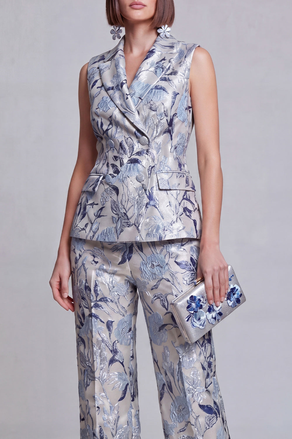 Grey Blue Flower Peak Lapel 2-Piece Women Suits