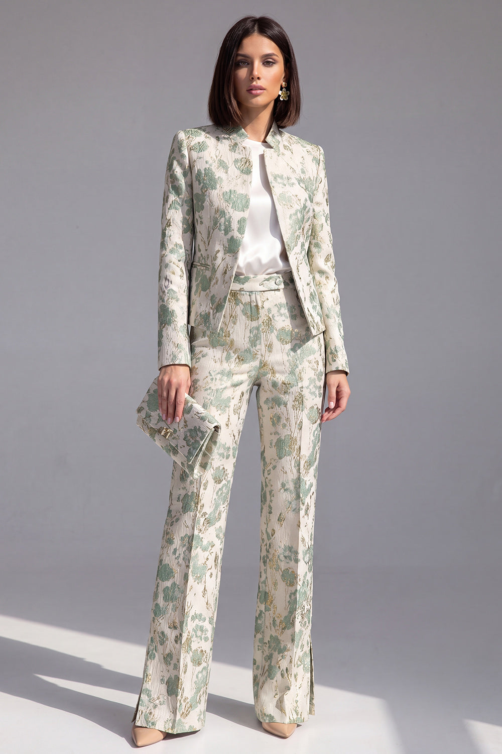 Dusty Green 3-Piece Jacquard Women Suits