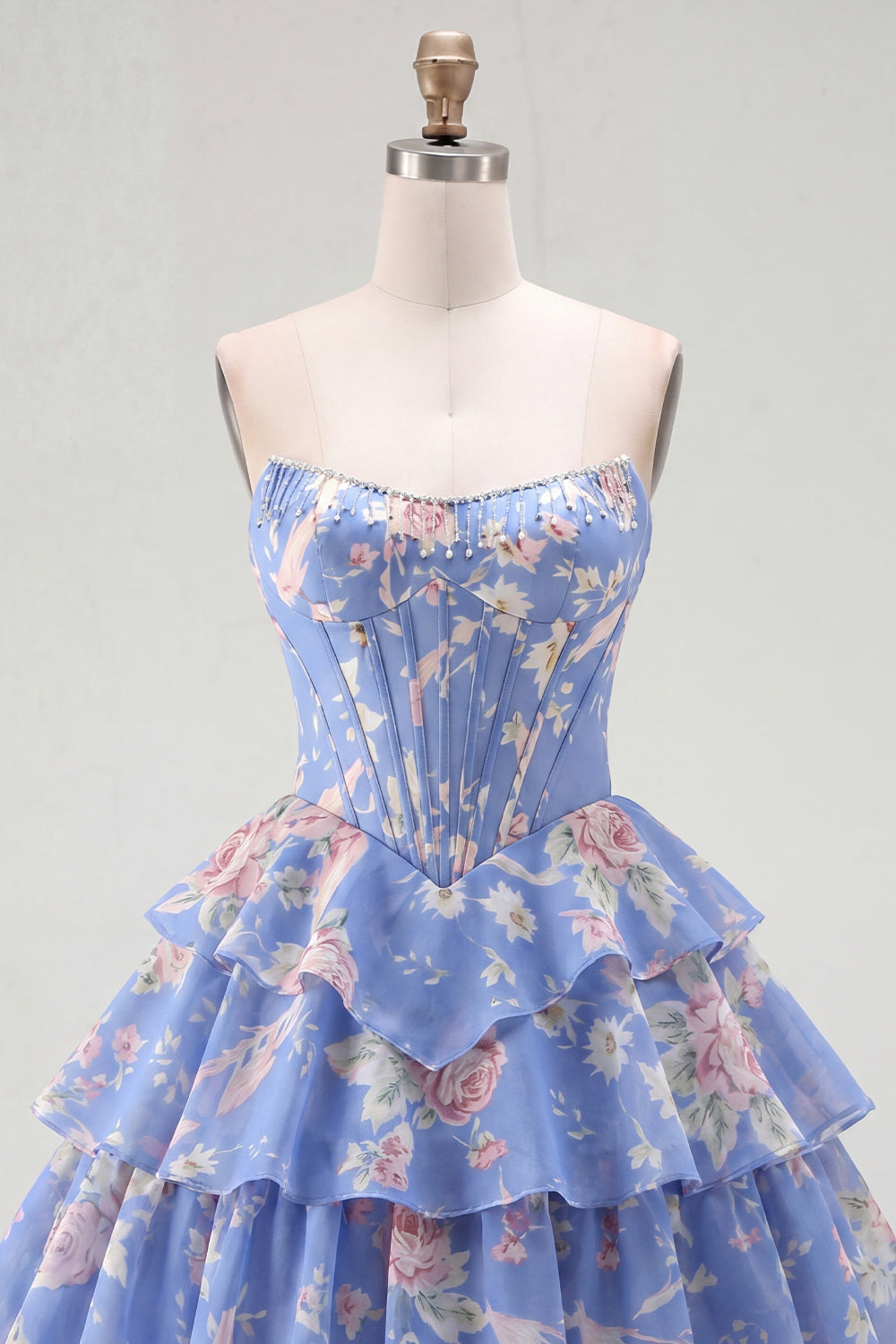 Strapless A-Line Pink Corset Floral Tiered Homecoming Dress