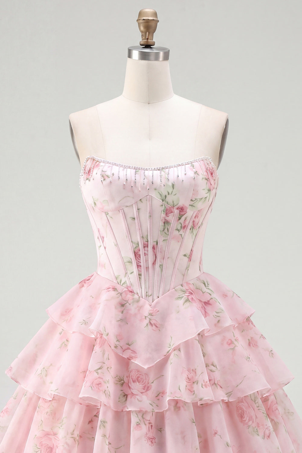 Strapless A-Line Pink Corset Floral Tiered Homecoming Dress