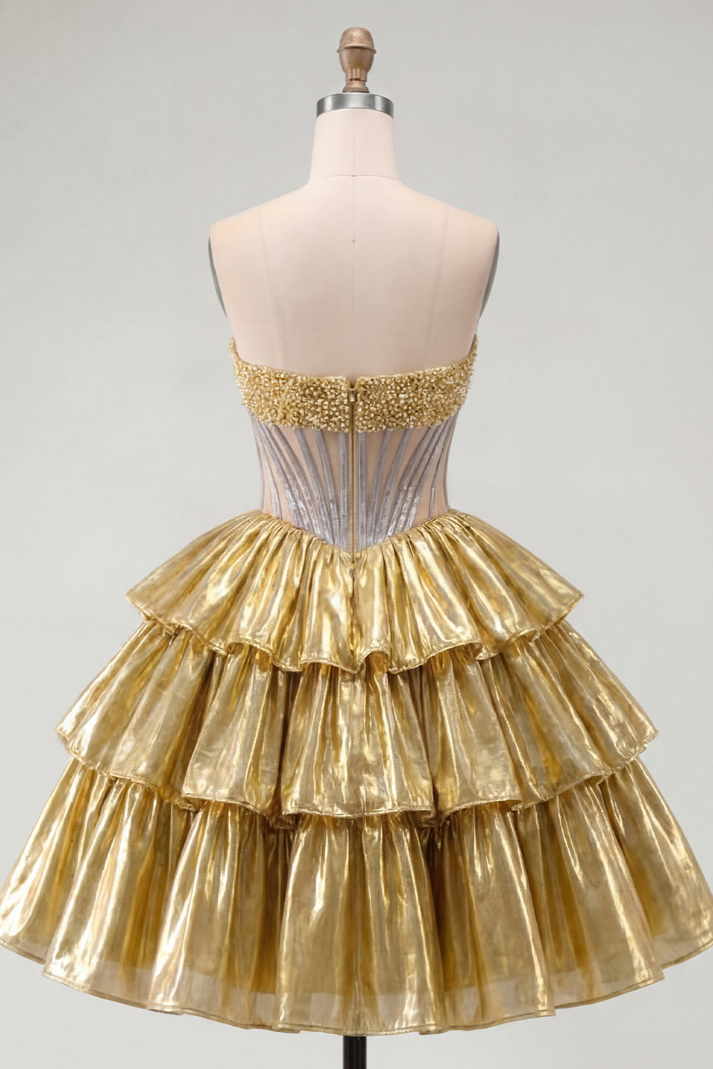 Strapless Golden A-Line Corset Tiered Homecoming Dress