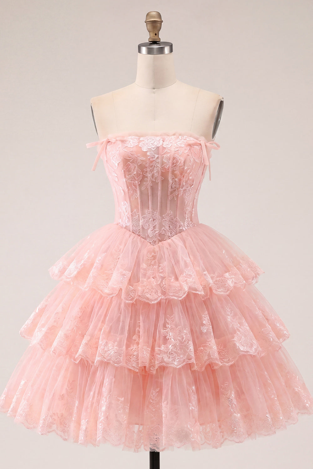 Strapless Floral Corset Tulle A-Line Lilac Tiered Homecoming Dress