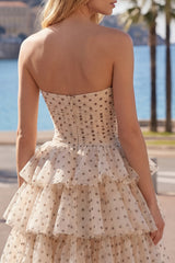 Apricot Black Dot A-Line Tiered Sweetheart Homecoming Dress with Bow