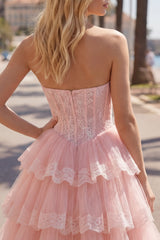 Pink A-Line Sweetheart Corset Tiered Floral Homecoming Dress