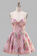 Sweetheart Pink A-Line Sequin Floral Homecoming Dress