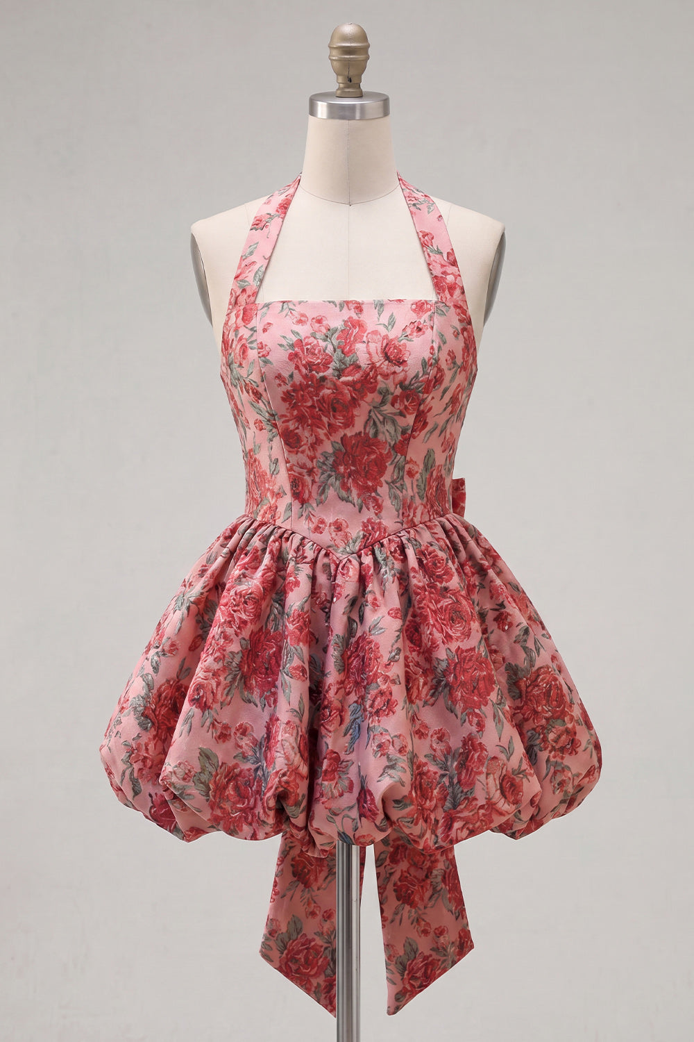 Halter Red Floral A-Line Homecoming Dress with Bow
