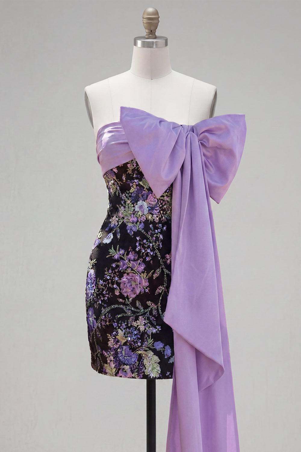 Strapless Black Floral Bodycon Sequin Homecoming Dress with Large Bow