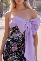 Strapless Black Floral Bodycon Sequin Homecoming Dress with Large Bow