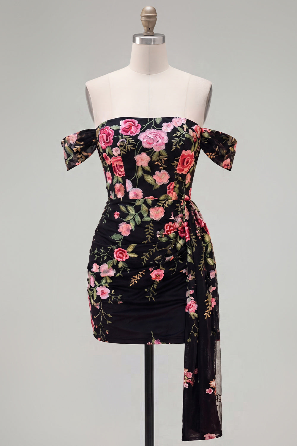 Off the Shoulder Bodycon Floral Black Homecoming Dress with Sash