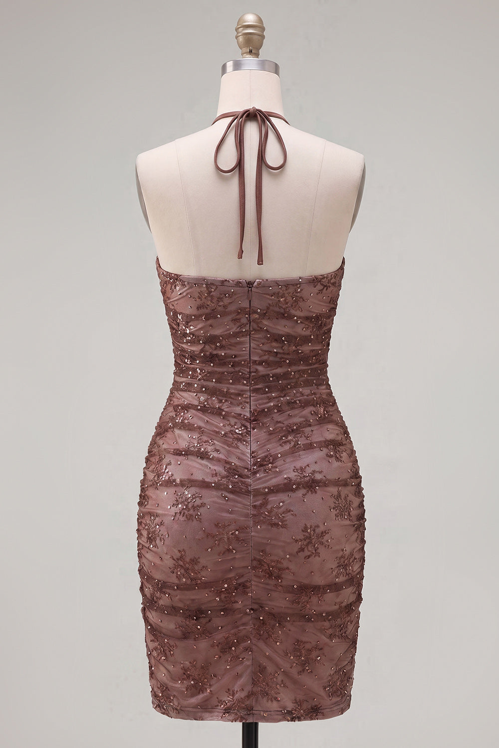 Halter Bodycon Ruched Chocolate Homecoming Dress with Beading