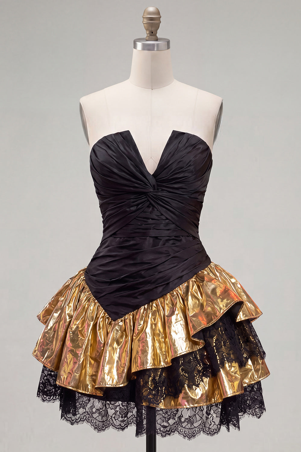 Strapless Ruched A Line Black Golden Tiered 80s Homecoming Dress