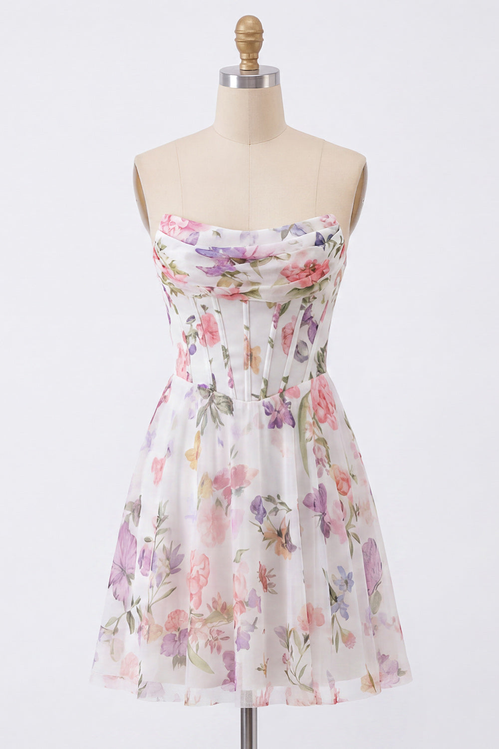 A-Line Ivory Floral Strapless Ruched Corset Homecoming Dress