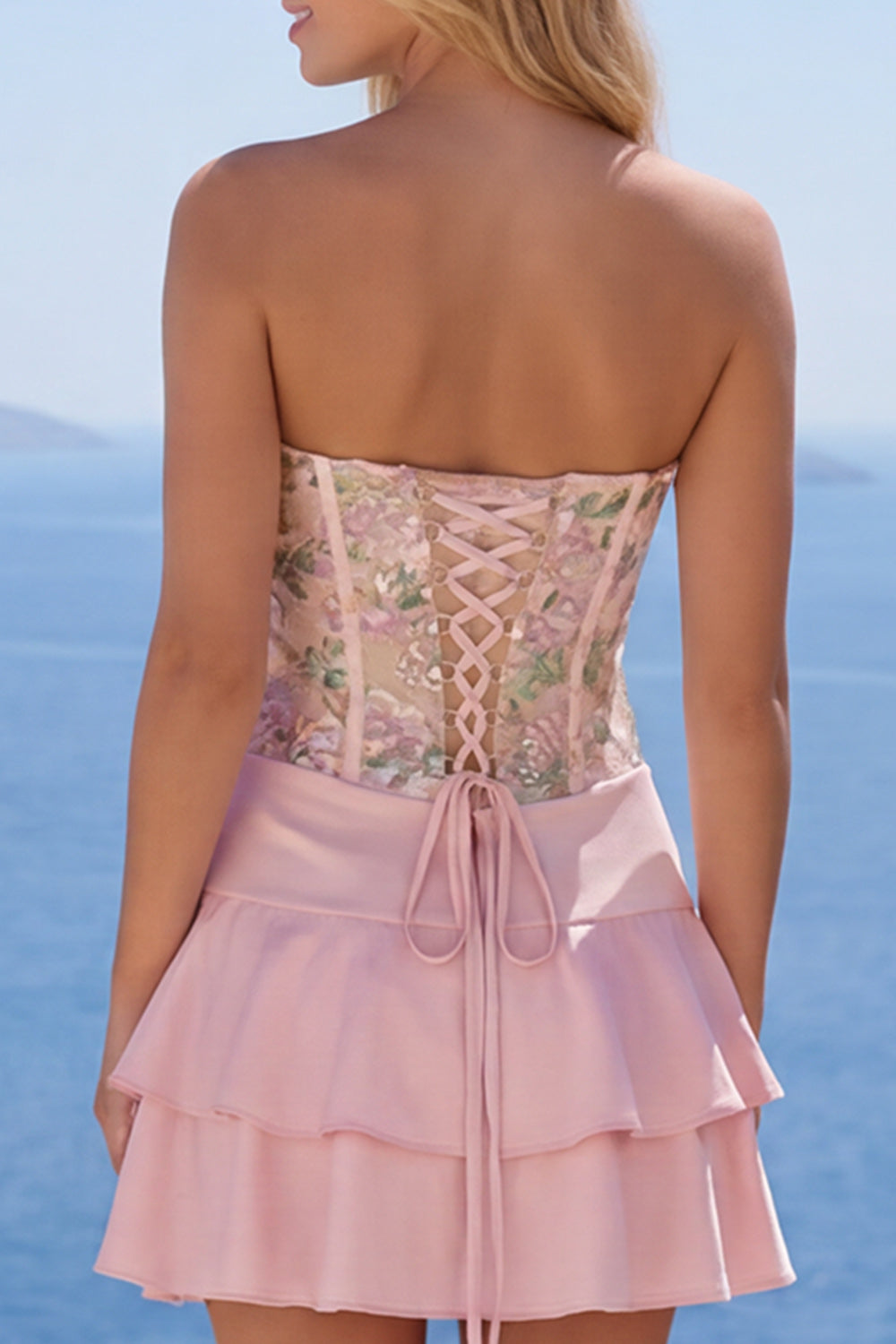A-Line Spaghetti Straps Pink Floral Ruffled Homecoming Dress