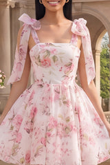 White Pink Floral A-Line Chiffon Homecoming Dress