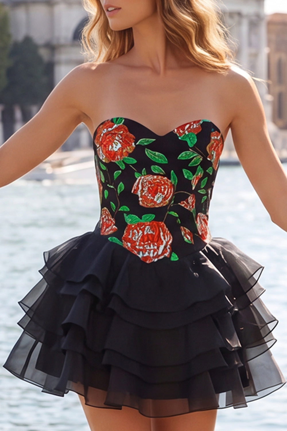 Corset Blue and Black Strapless Floral A Line Homecoming Dress