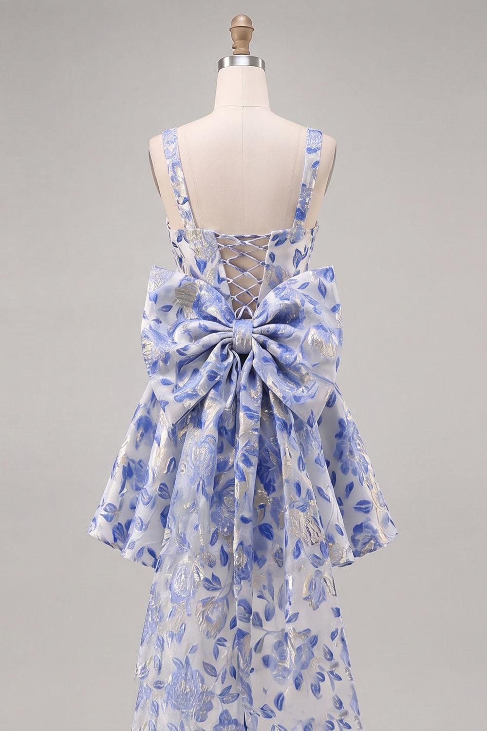 Square Neck Blue and Black Corset A Line Homecoming Dress With Bow