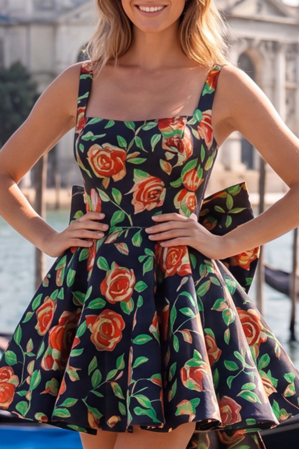 Square Neck Blue and Black Corset A Line Homecoming Dress With Bow