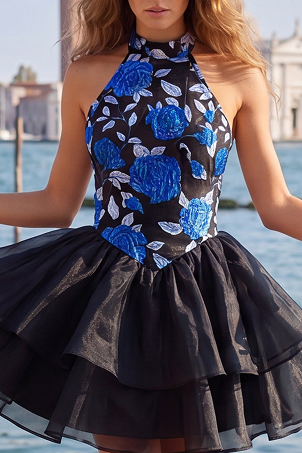 Sky Blue Halter Floral A Line Homecoming Dress