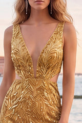 V-Neck Gold Cut Out Bodycon Homecoming Dress With Beading
