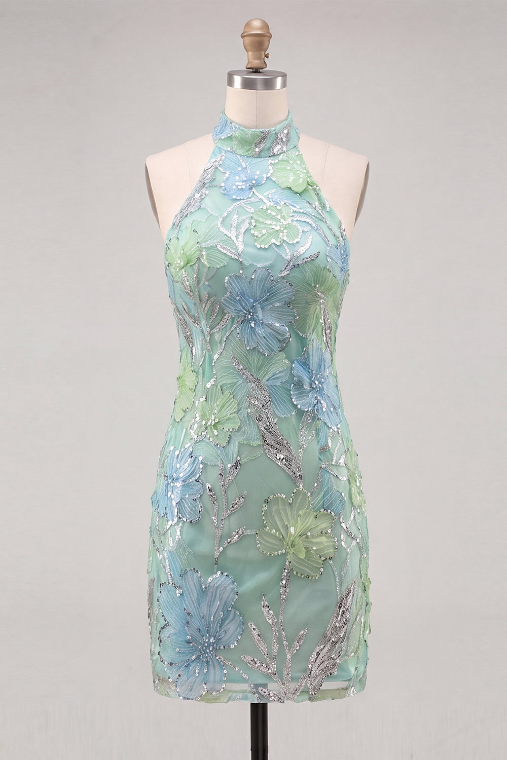 Halter Yellow Floral Sparkly Bodycon Homecoming Dress