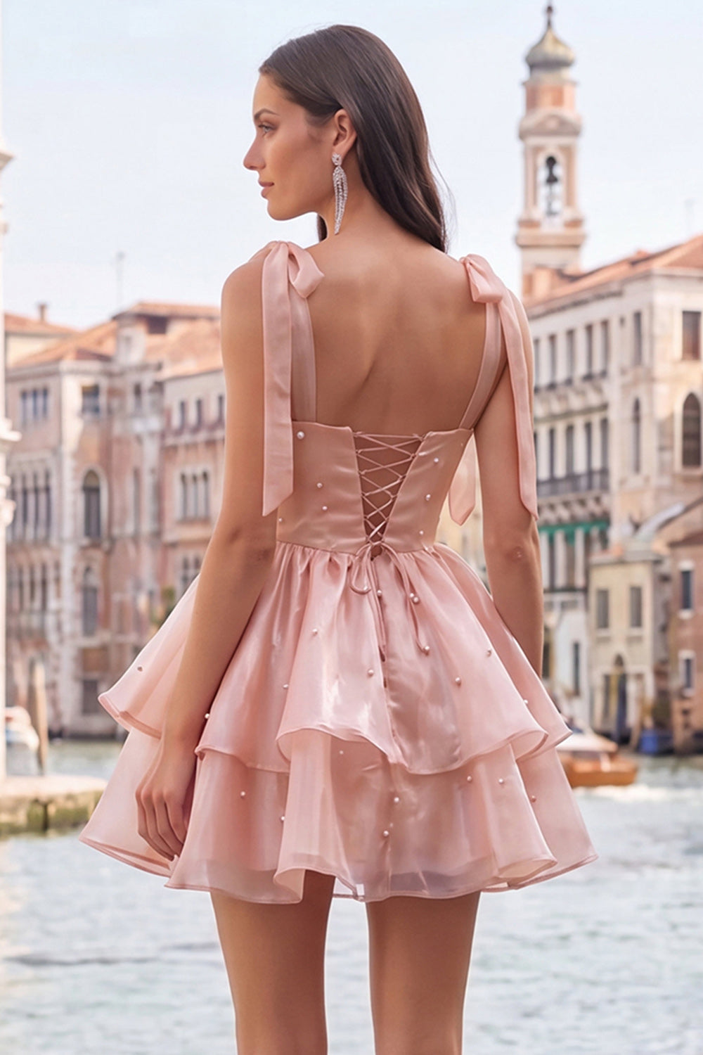 Corset Pink A Line Square Neck Homecoming Dress With Beading