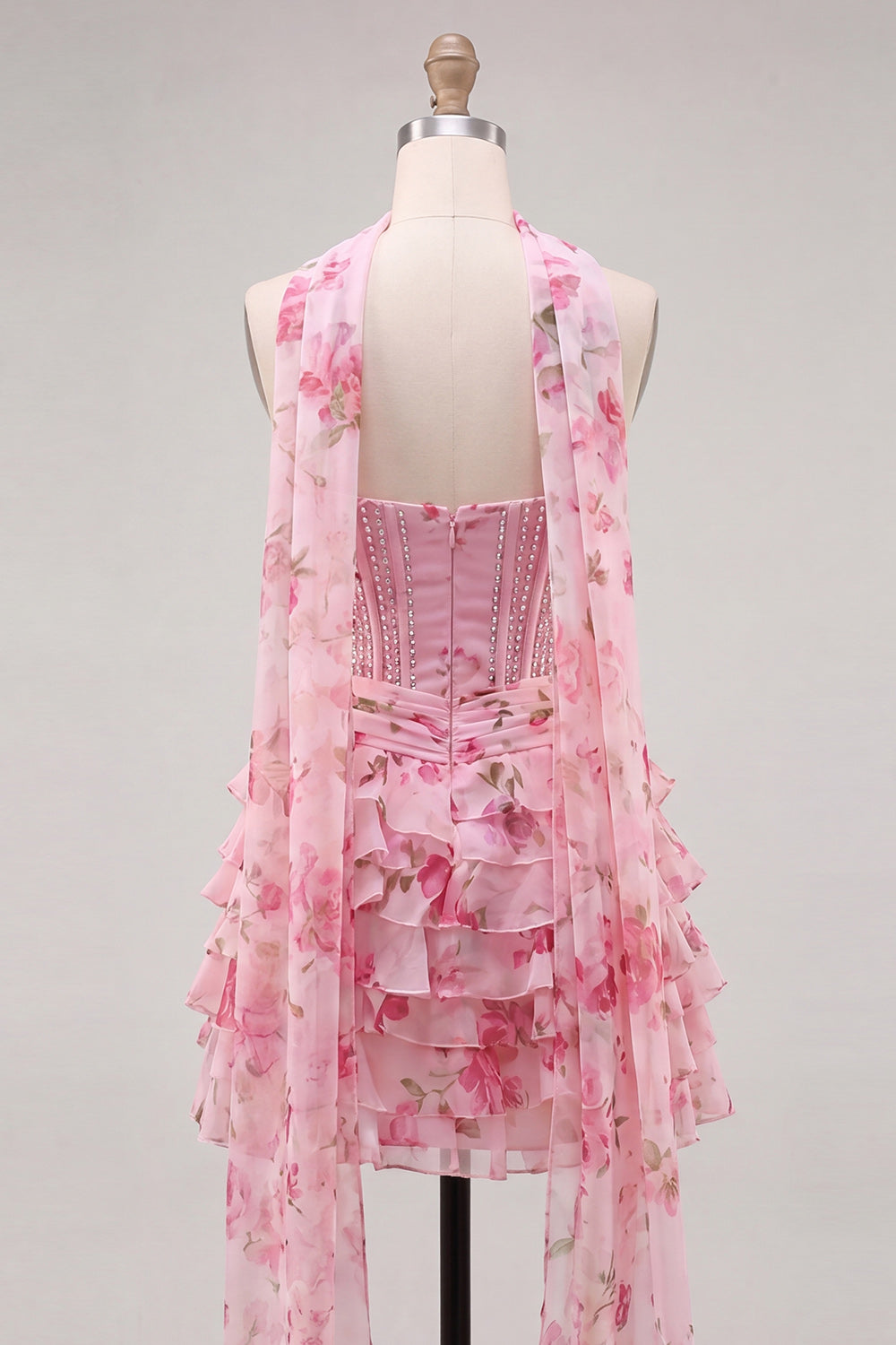 Strapless Corset Yellow Floral A Line Homecoming Dress With Scarf