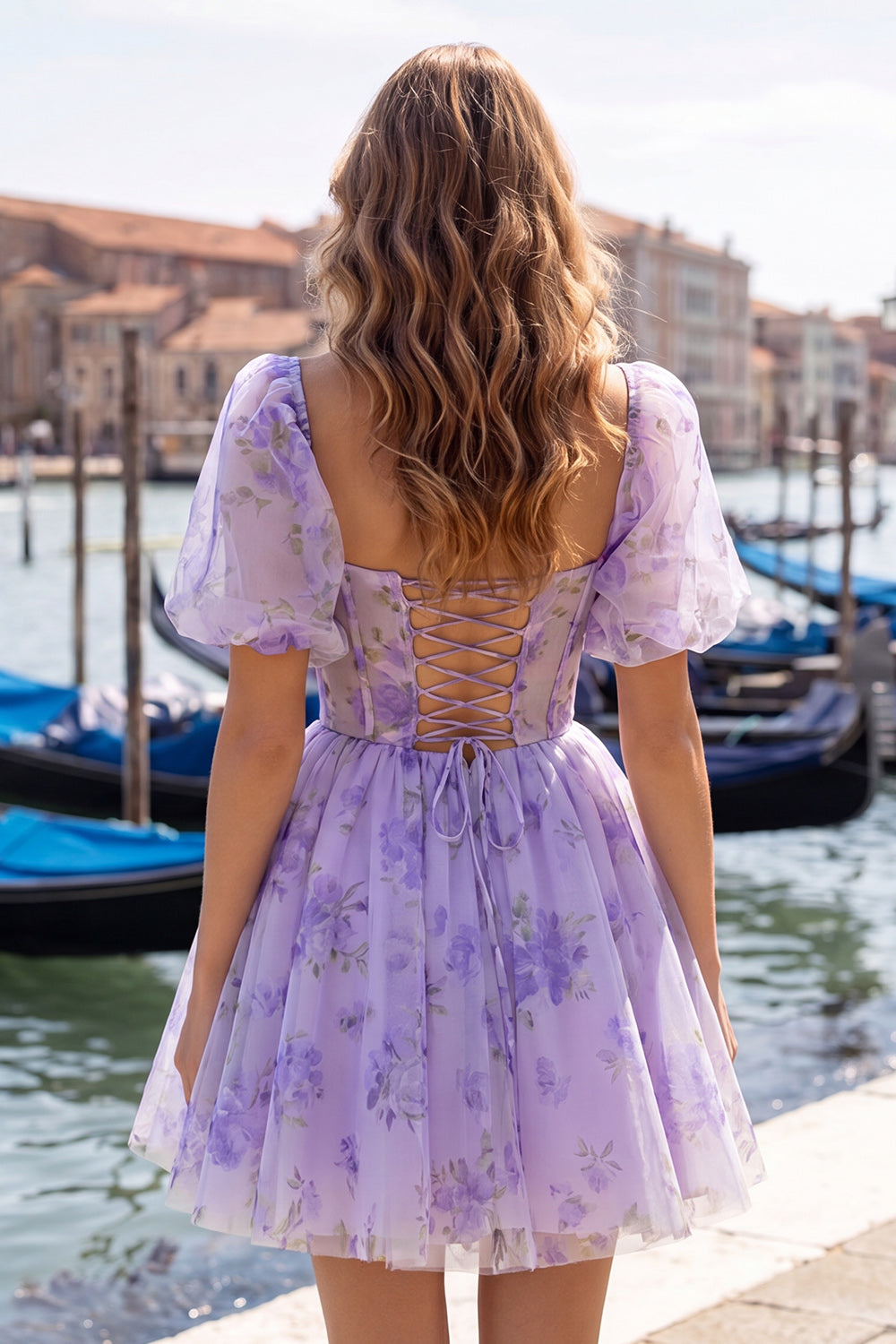 Dusty Sage Print Corset A Line Square Neck Homecoming Dress With Puff Sleeves