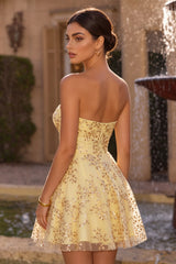 Strapless Corset A Line Yellow Sequins Homecoming Dress