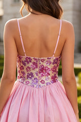 Pink Floral A Line Spaghetti Straps Sequins Homecoming Dress