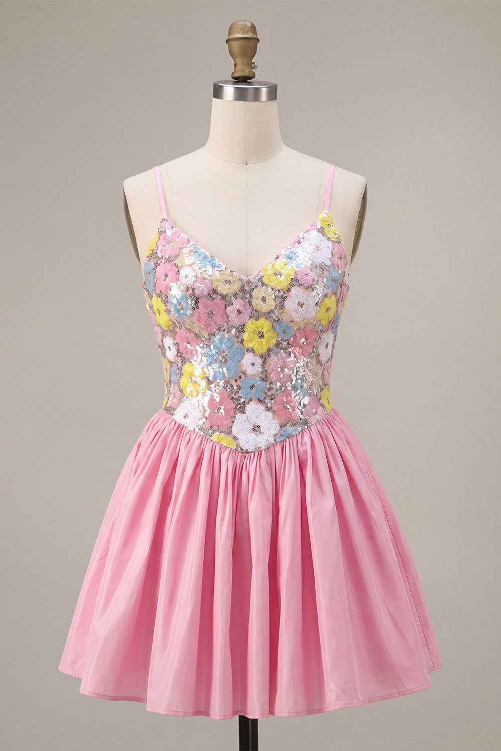 Pink Floral V-Neck A Line Sequins Homecoming Dress