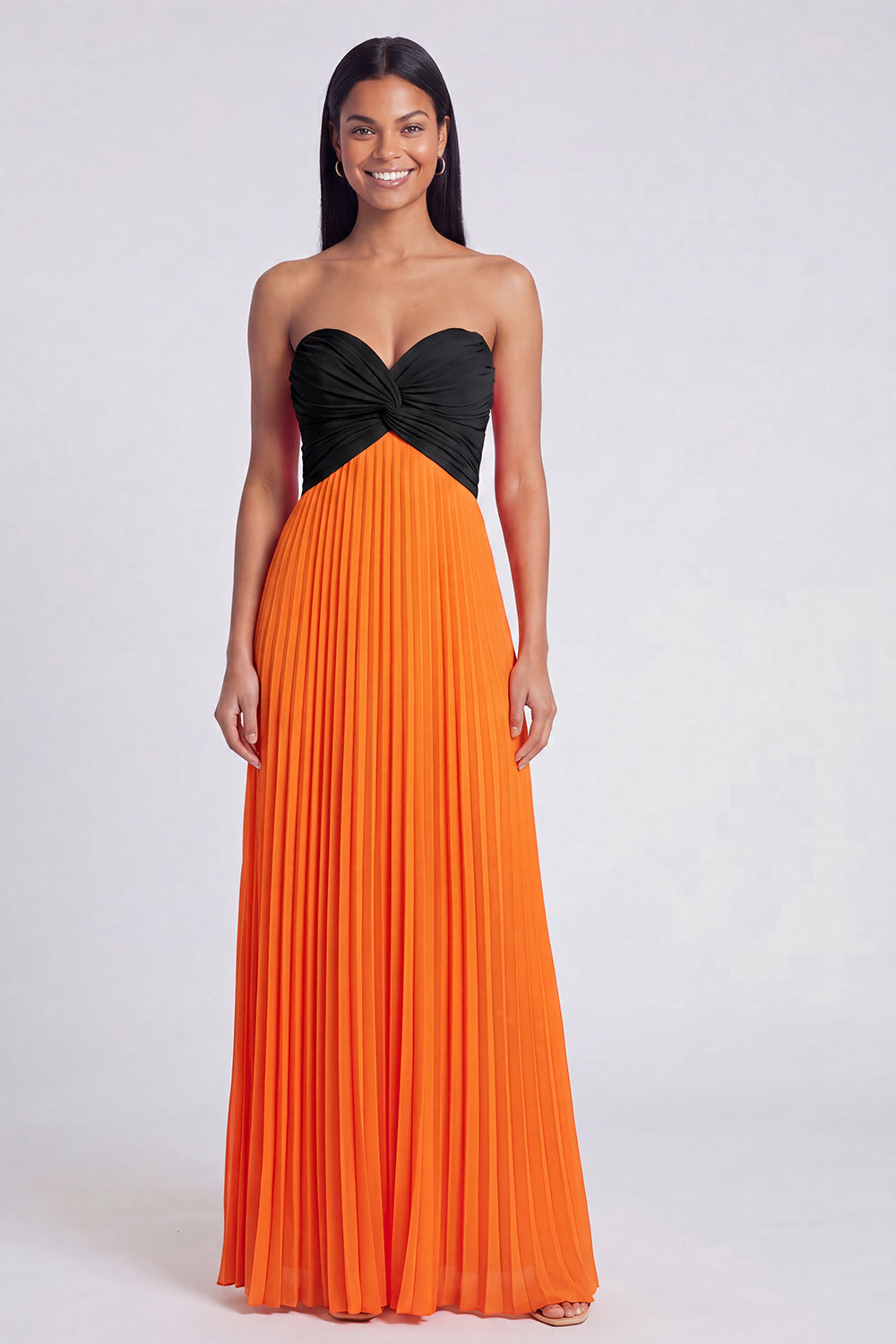 Strapless Pink and Orange ColorBlock Pleated A Line Formal Dress