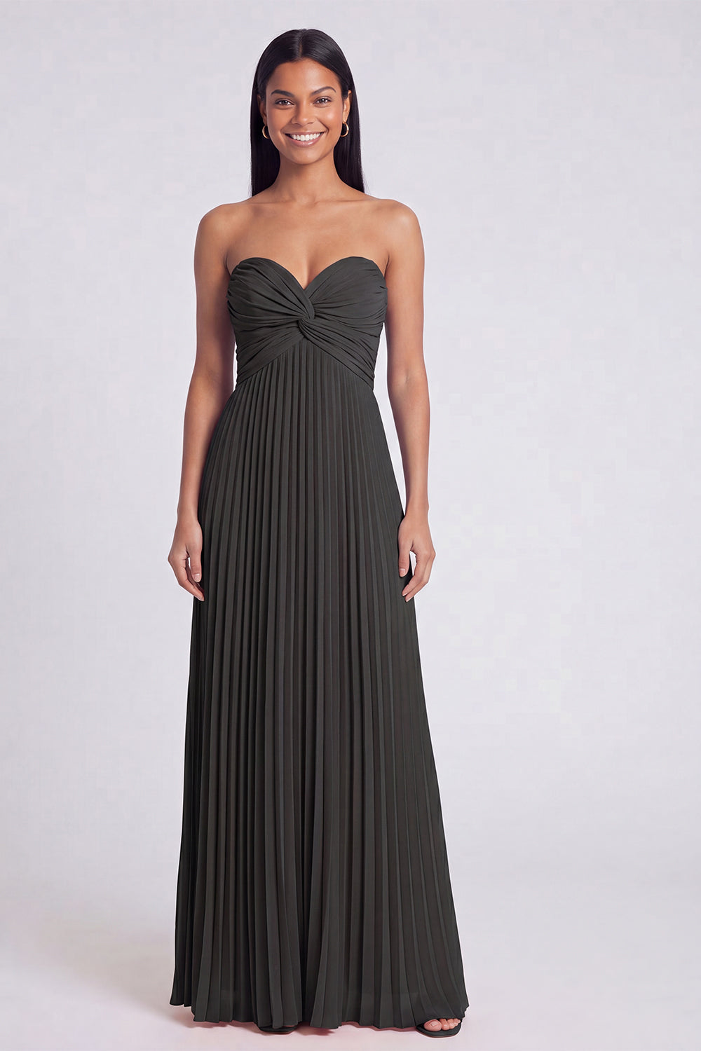 Strapless Pink and Orange ColorBlock Pleated A Line Formal Dress