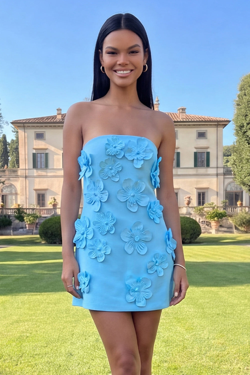 Strapless Blue Floral Homecoming Dress