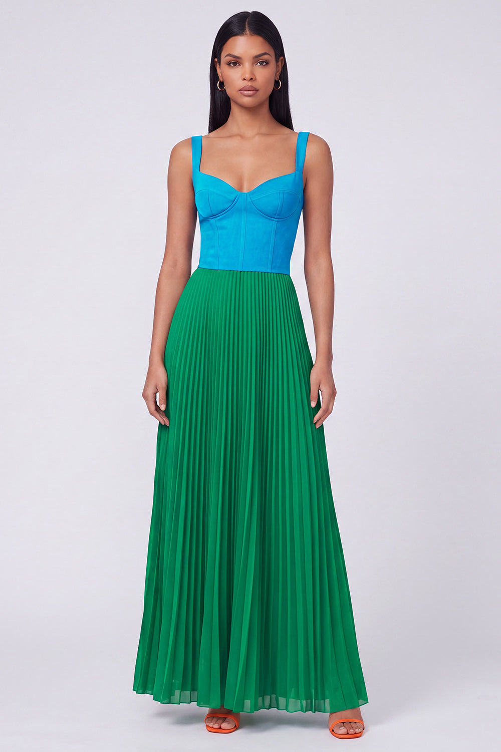 ColorBlock Orange and Fuchsia Pleated A Line Formal Dress