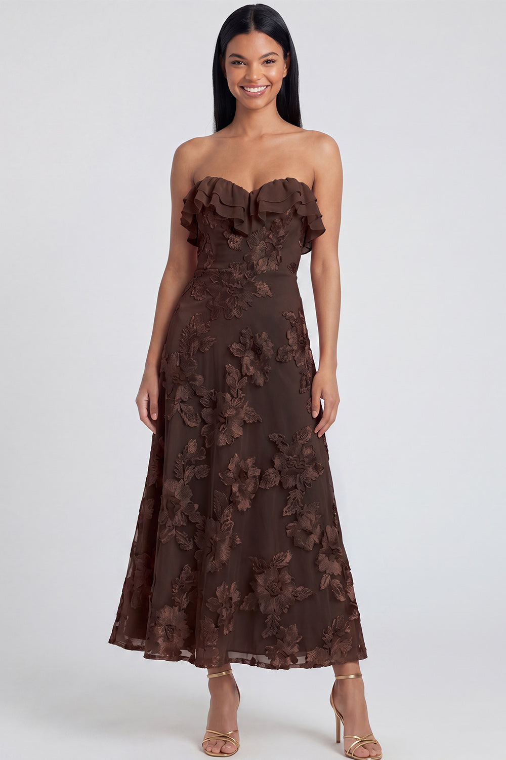 Strapless Ruffled A Line Floral Appliqued Yellow Wedding Guest Dress